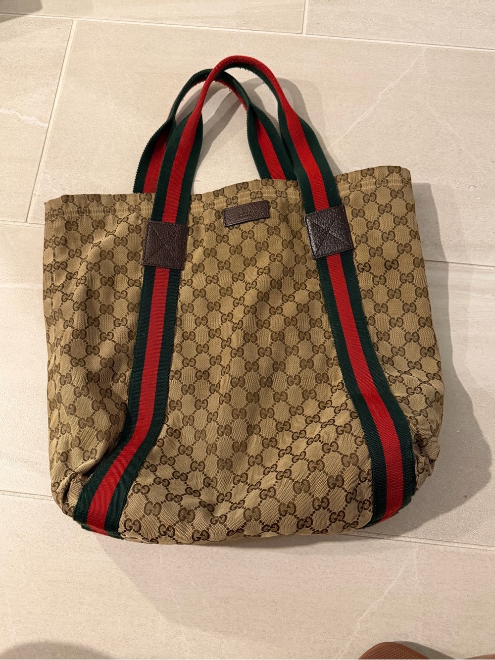Gucci Beige GG Canvas Tote with Green and Red Web Straps